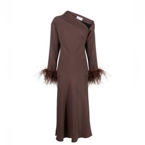 16 Arlington Adelaide Feather Cuff Midi Dress with Asymmetric Neckline - Brown